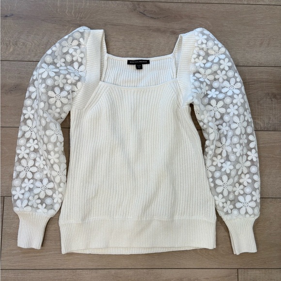Boston Proper floral illusion sleeve square neck ivory sweater - Picture 1 of 9
